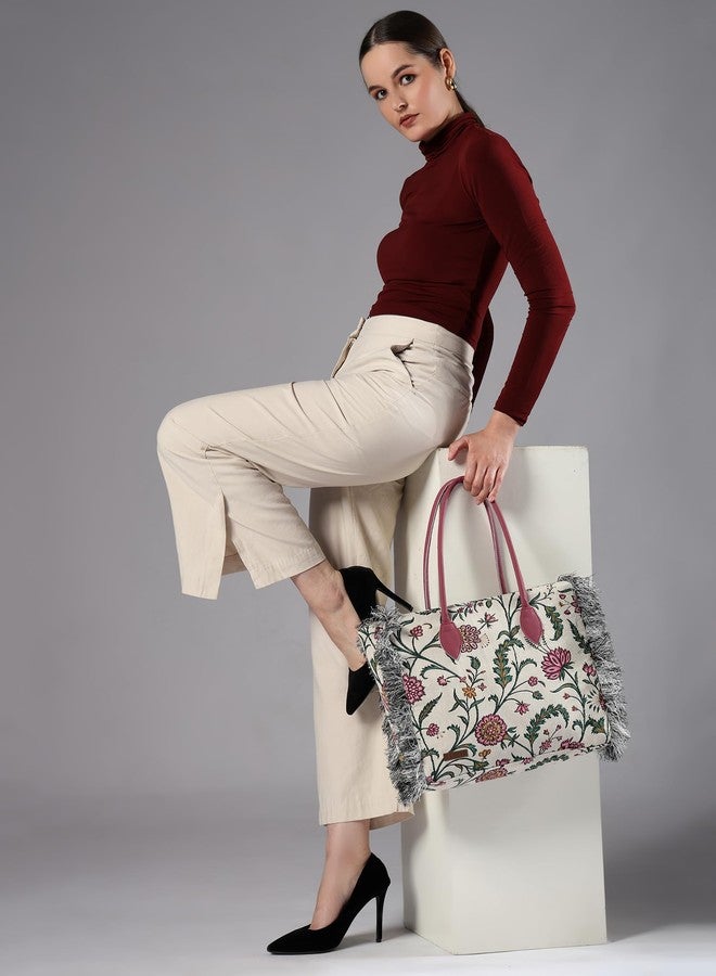 ENSAC Premium Cotton Tote Bag for Women, Stylish Handbag for women with Zip Closure | Fit for Office Bag, College, Travel Use | Handcrafted in India-8 (Pink) - Image 4